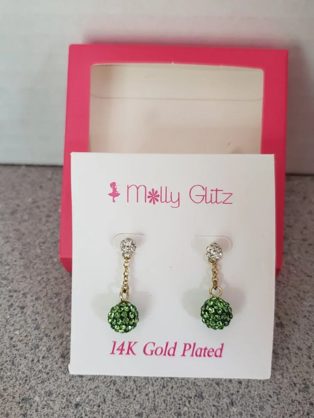 Molly Glitz 14k Gold Plated Lime White Crystal Ball Dangle Earrings